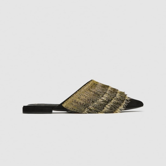 NWT Zara Flat Fringe Mules Black Golden - Picture 4 of 4